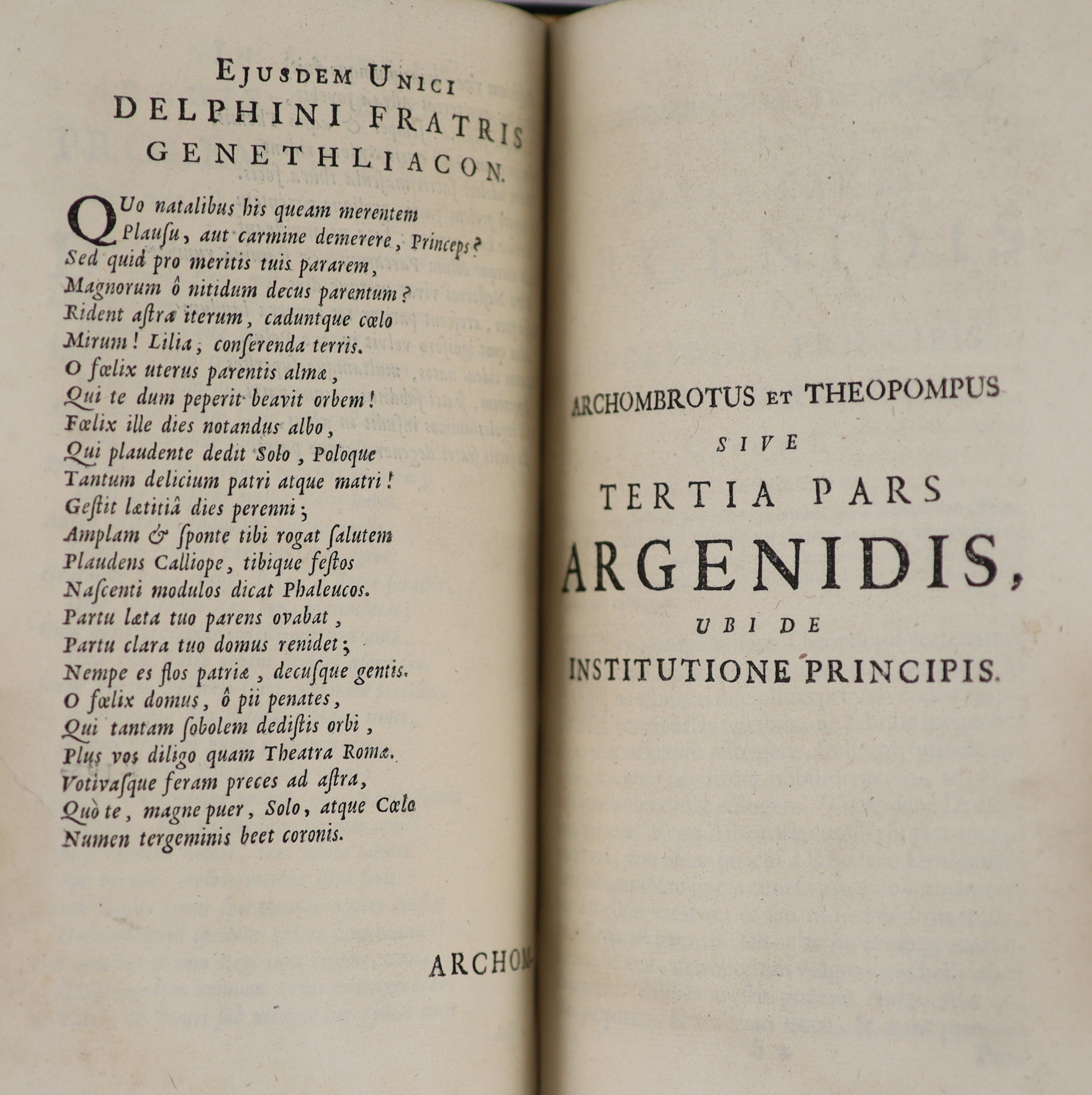 [Bugnot, Gabriel] Archombrotus et Theopompus sive Ardenidis secunda and tertin pars.....pictorial engraved title, head and tailpiece decorations, decorated initials; recently rebound green half calf and cloth, gilt lette